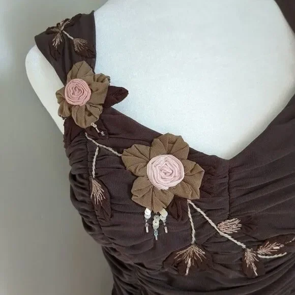 Vintage Sue Wong Mesh Dress Y2K Fairycore Drop Waist Brown Whimsygoth Size 6 - Picture 7 of 11